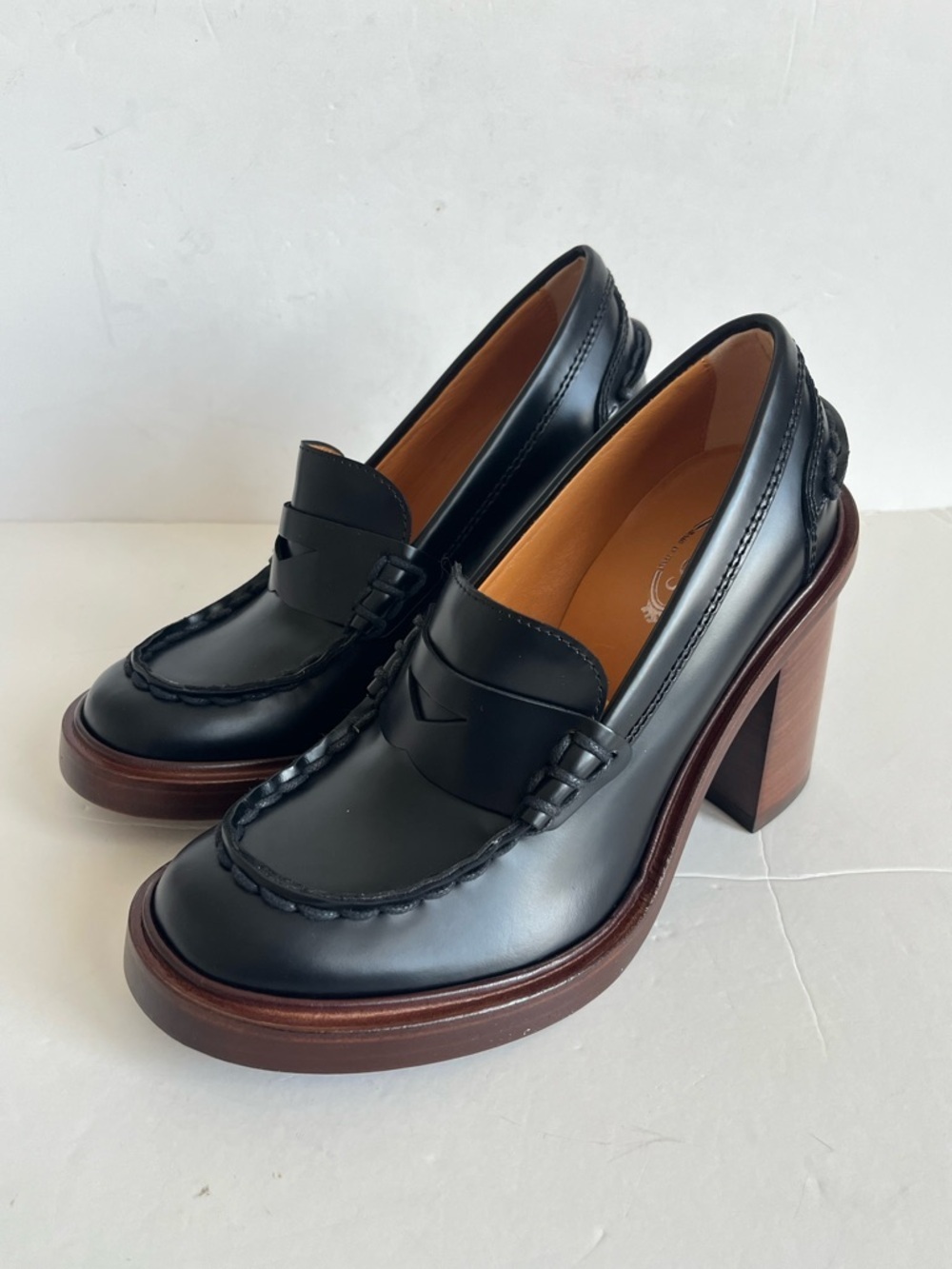 Tod's calfskin Chunky Heeled Platform black Leather Penny Loafers size 35/US5